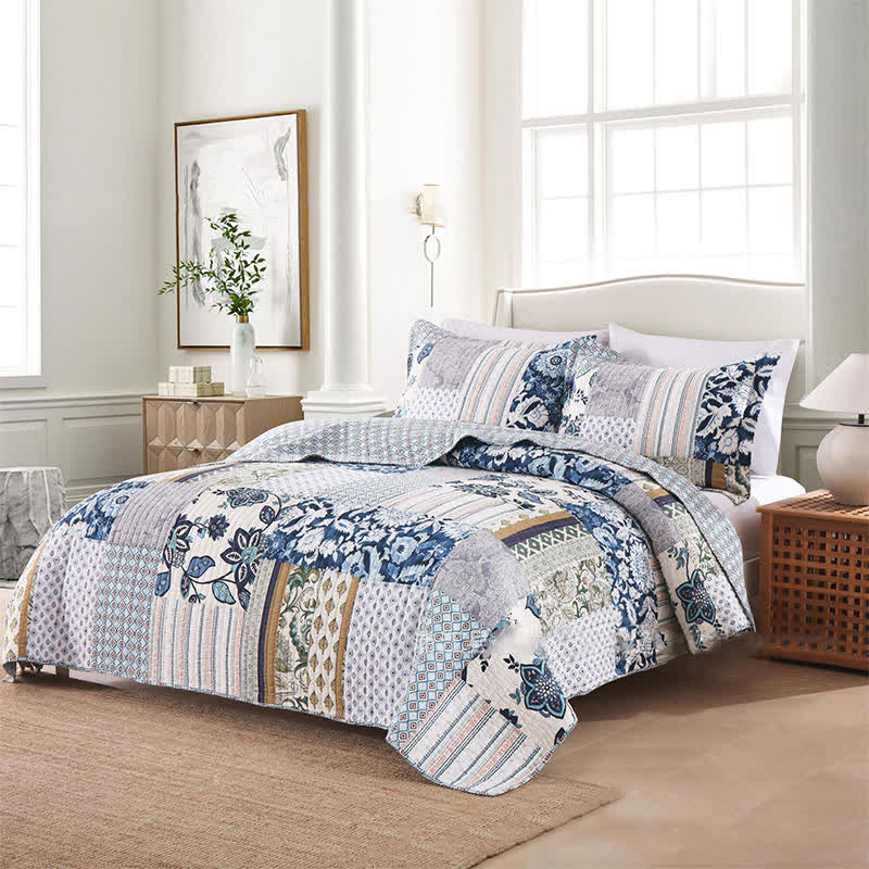 Parure de lit en coton matelassé à motif patchwork floral (3 pièces)