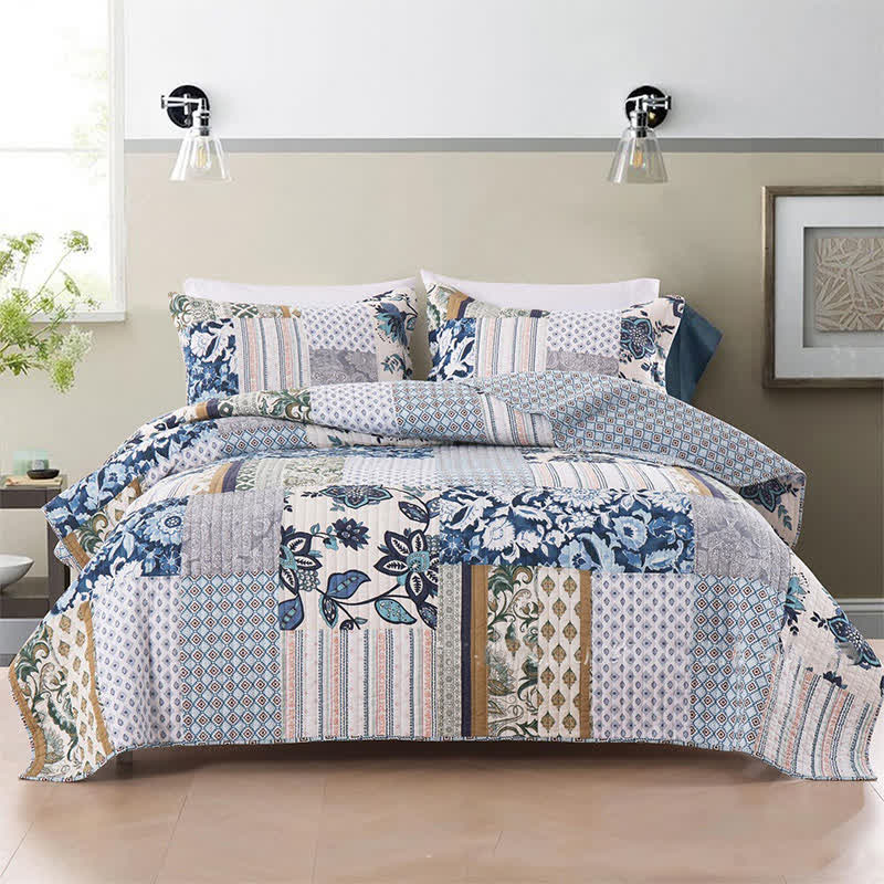 Parure de lit en coton matelassé à motif patchwork floral (3 pièces)