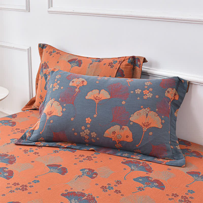 Couvre-lit jacquard en gaze de coton de style rétro avec feuilles de ginkgo