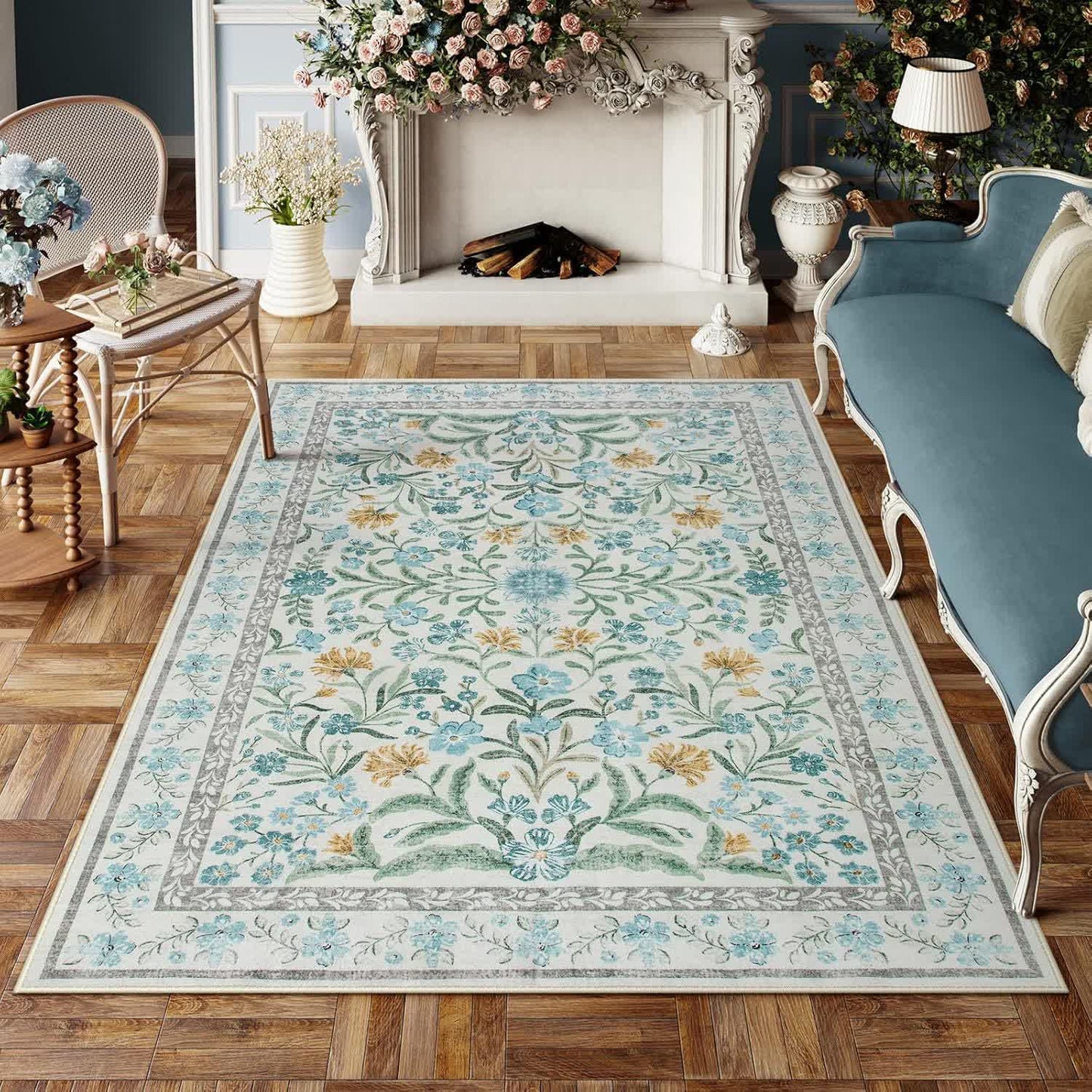 Tapis élégant en velours cristal à motif floral pastoral