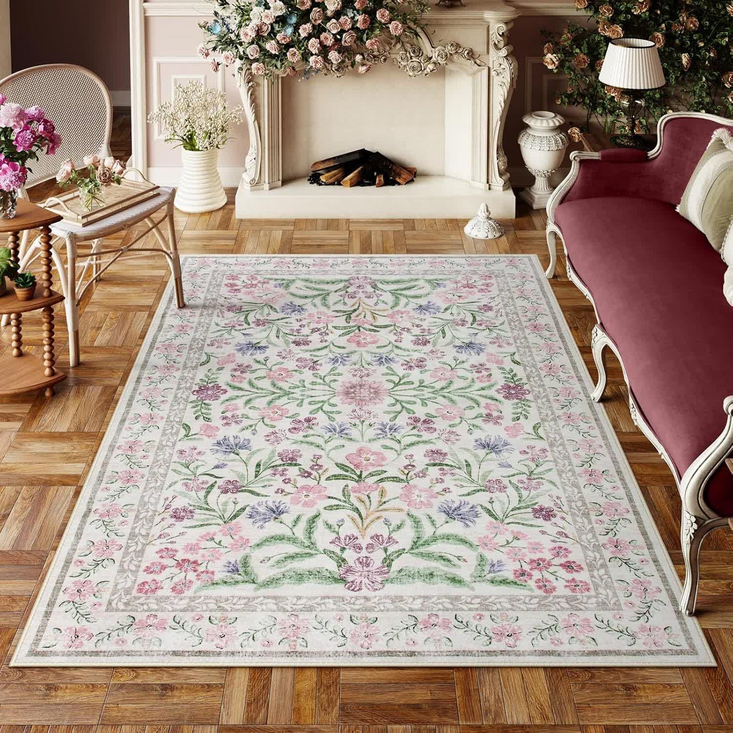 Tapis élégant en velours cristal à motif floral pastoral