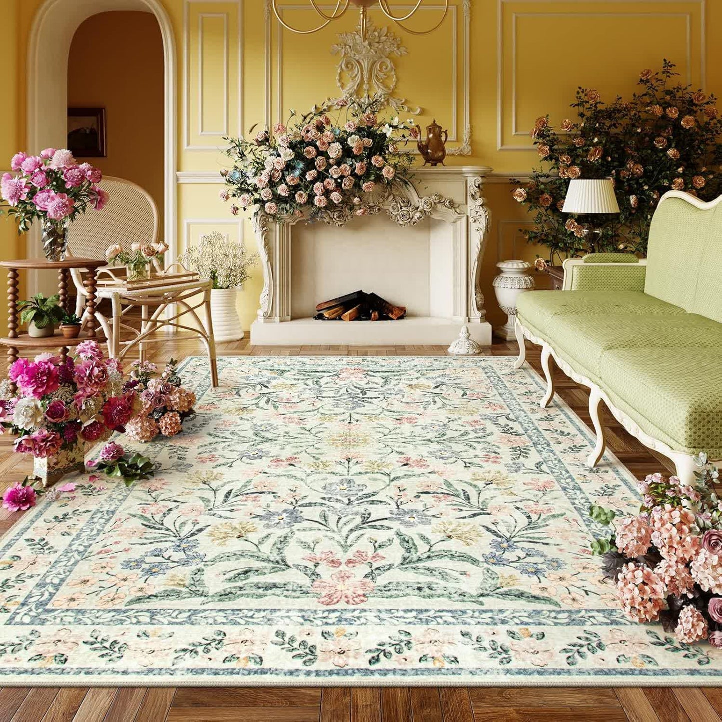 Tapis élégant en velours cristal à motif floral pastoral