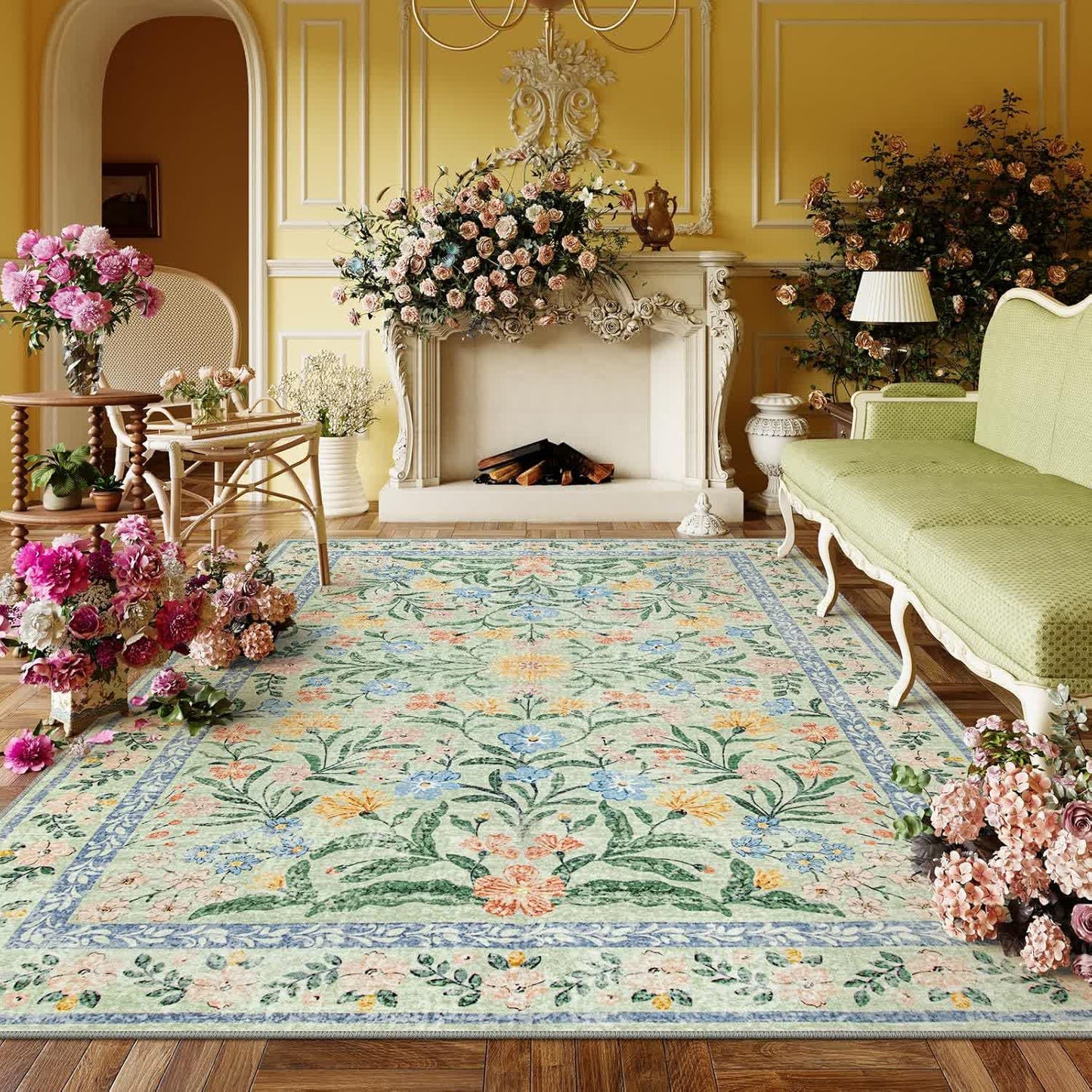Tapis élégant en velours cristal à motif floral pastoral