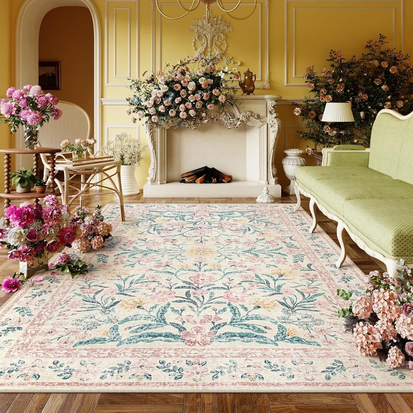 Tapis élégant en velours cristal à motif floral pastoral