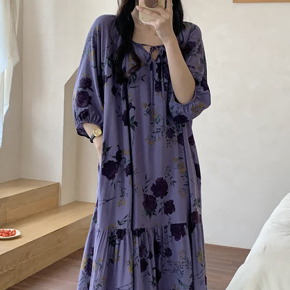 Chemise de nuit longue, respirante et douce avec motif floral rétro