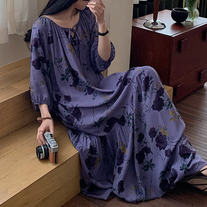 Chemise de nuit longue, respirante et douce avec motif floral rétro