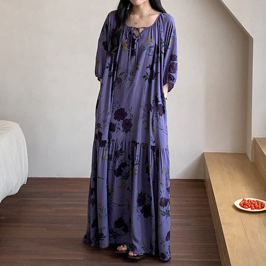 Chemise de nuit longue, respirante et douce avec motif floral rétro