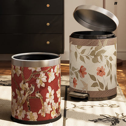 Poubelle luxueuse en cuir avec motif de fleurs et d'oiseaux