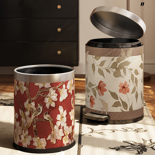 Poubelle luxueuse en cuir avec motif de fleurs et d'oiseaux