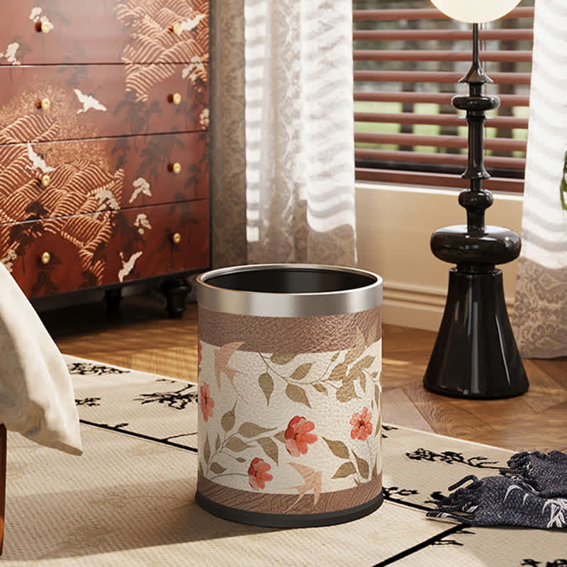 Poubelle luxueuse en cuir avec motif de fleurs et d'oiseaux