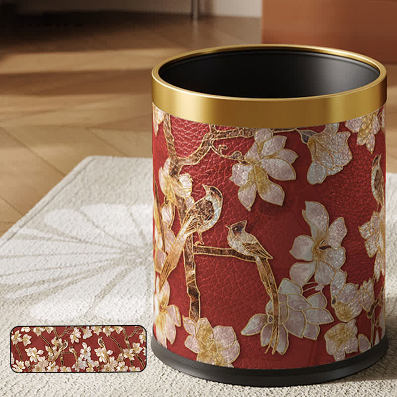 Poubelle luxueuse en cuir avec motif de fleurs et d'oiseaux