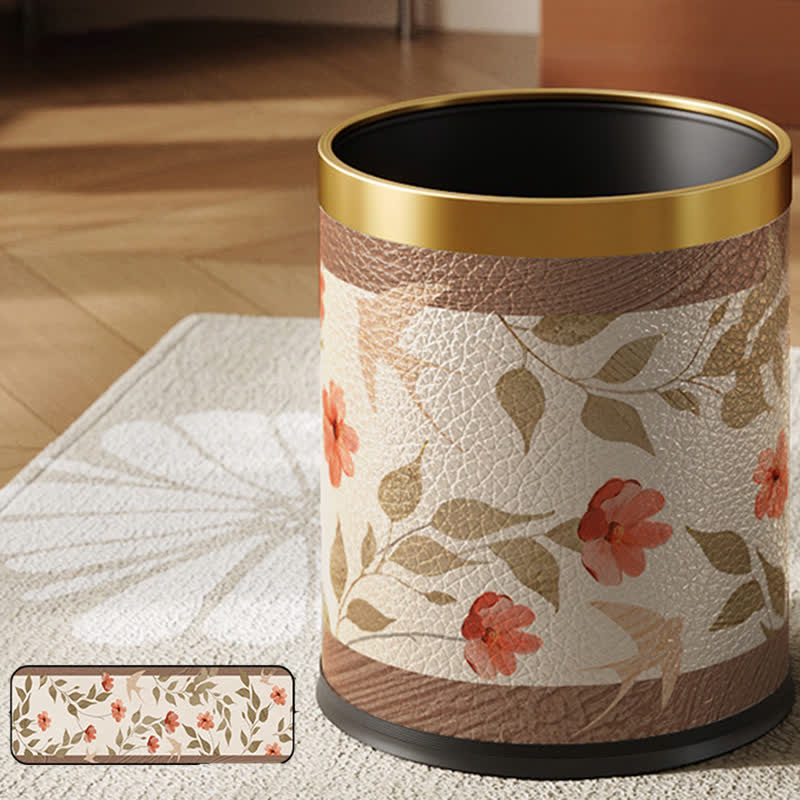 Poubelle luxueuse en cuir avec motif de fleurs et d'oiseaux