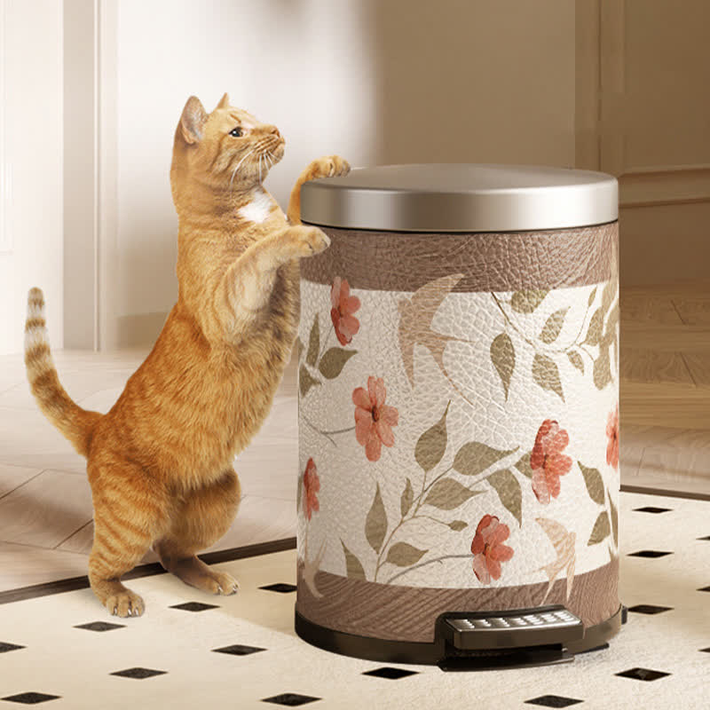 Poubelle luxueuse en cuir avec motif de fleurs et d'oiseaux
