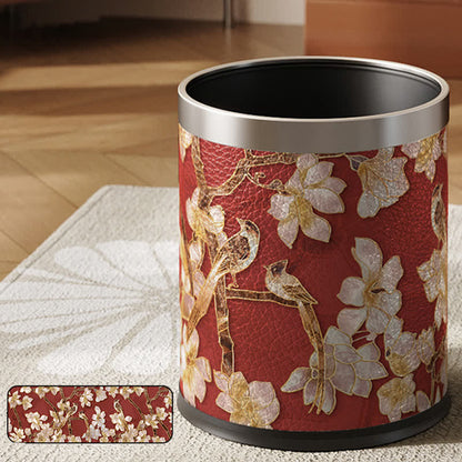Poubelle luxueuse en cuir avec motif de fleurs et d'oiseaux