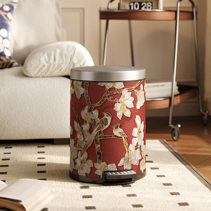 Poubelle luxueuse en cuir avec motif de fleurs et d'oiseaux