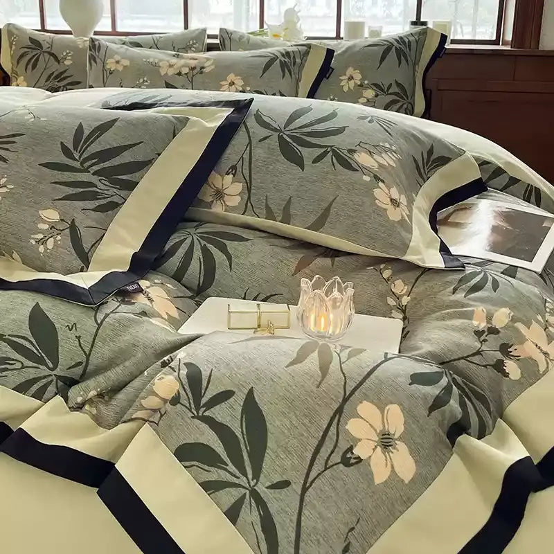 Parure de lit florale en coton brossé (4 pièces)