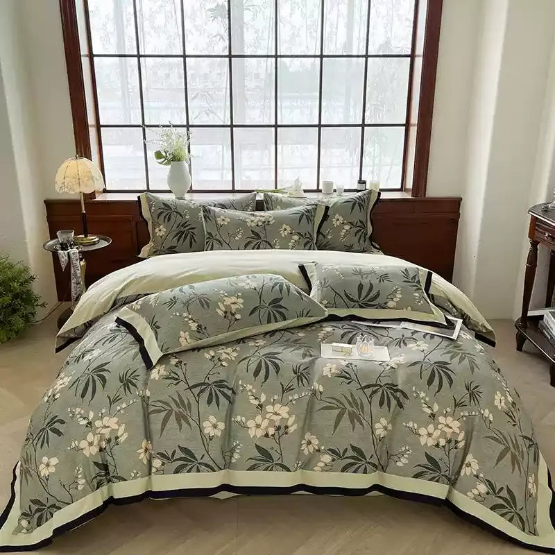 Parure de lit florale en coton brossé (4 pièces)
