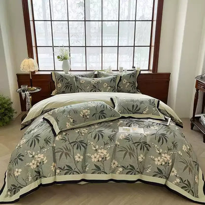Parure de lit florale en coton brossé (4 pièces)