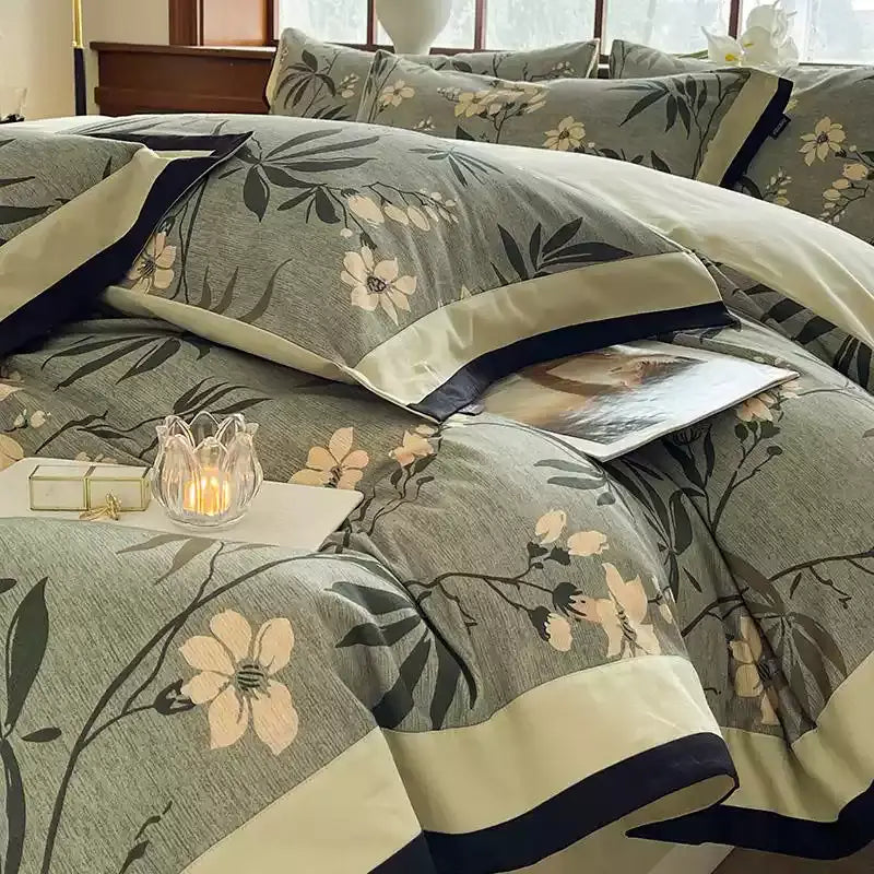 Parure de lit florale en coton brossé (4 pièces)