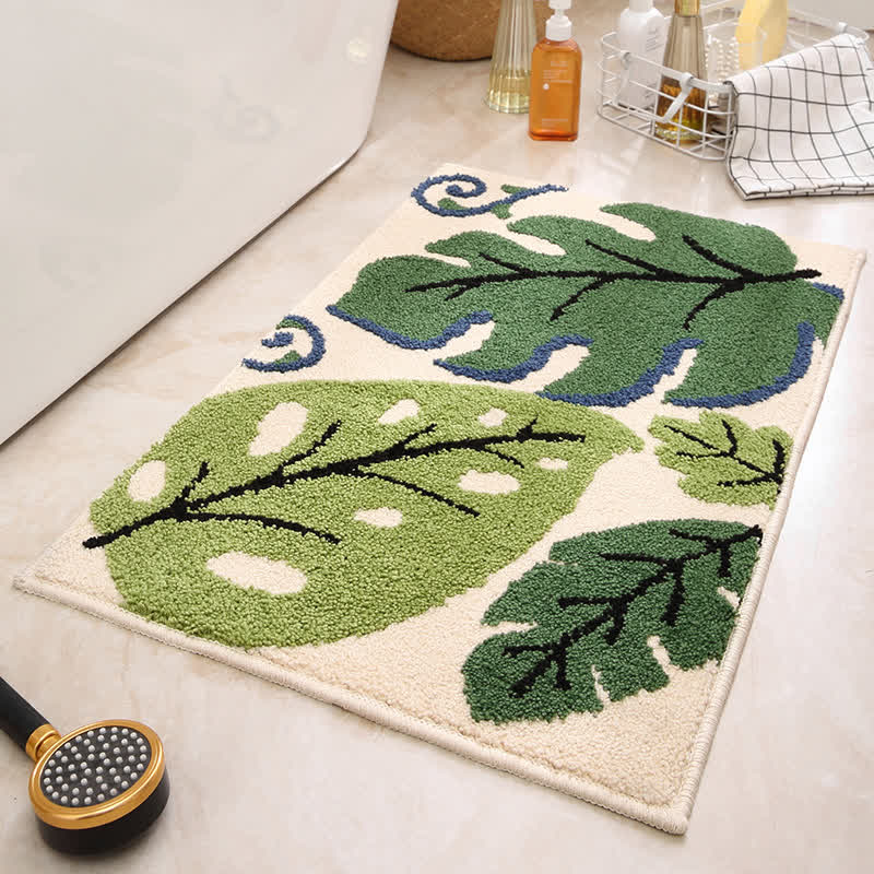Tapis antidérapant et absorbant en imitation cachemire avec motif de feuilles