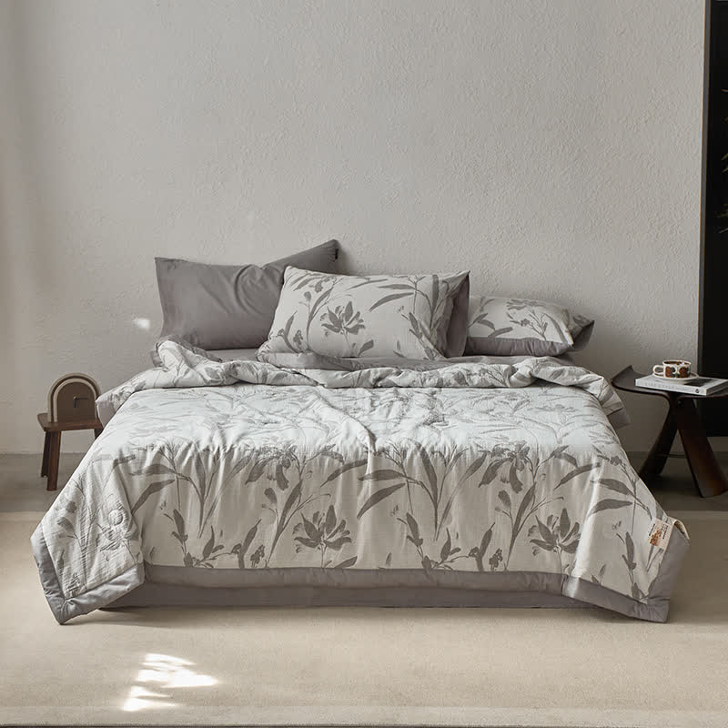 Linge de lit en gaze de coton double épaisseur avec motif de feuilles jacquard