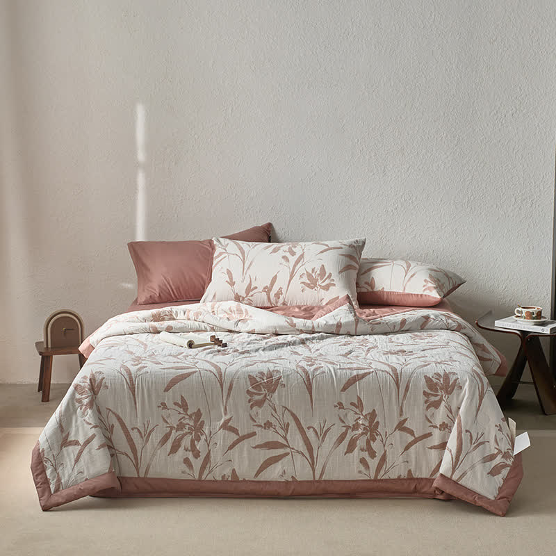 Linge de lit en gaze de coton double épaisseur avec motif de feuilles jacquard