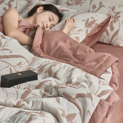 Linge de lit en gaze de coton double épaisseur avec motif de feuilles jacquard