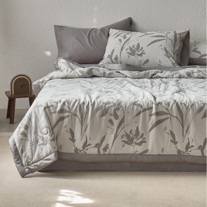 Linge de lit en gaze de coton double épaisseur avec motif de feuilles jacquard