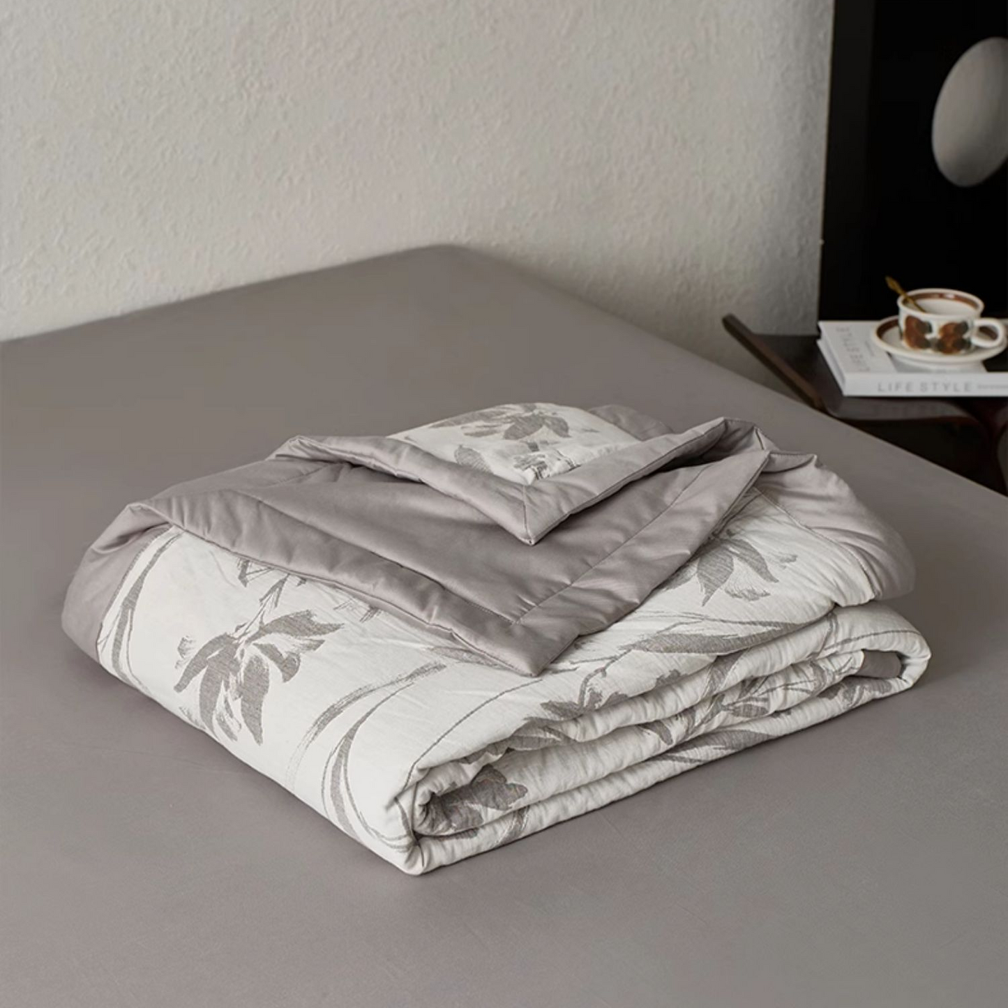 Linge de lit en gaze de coton double épaisseur avec motif de feuilles jacquard