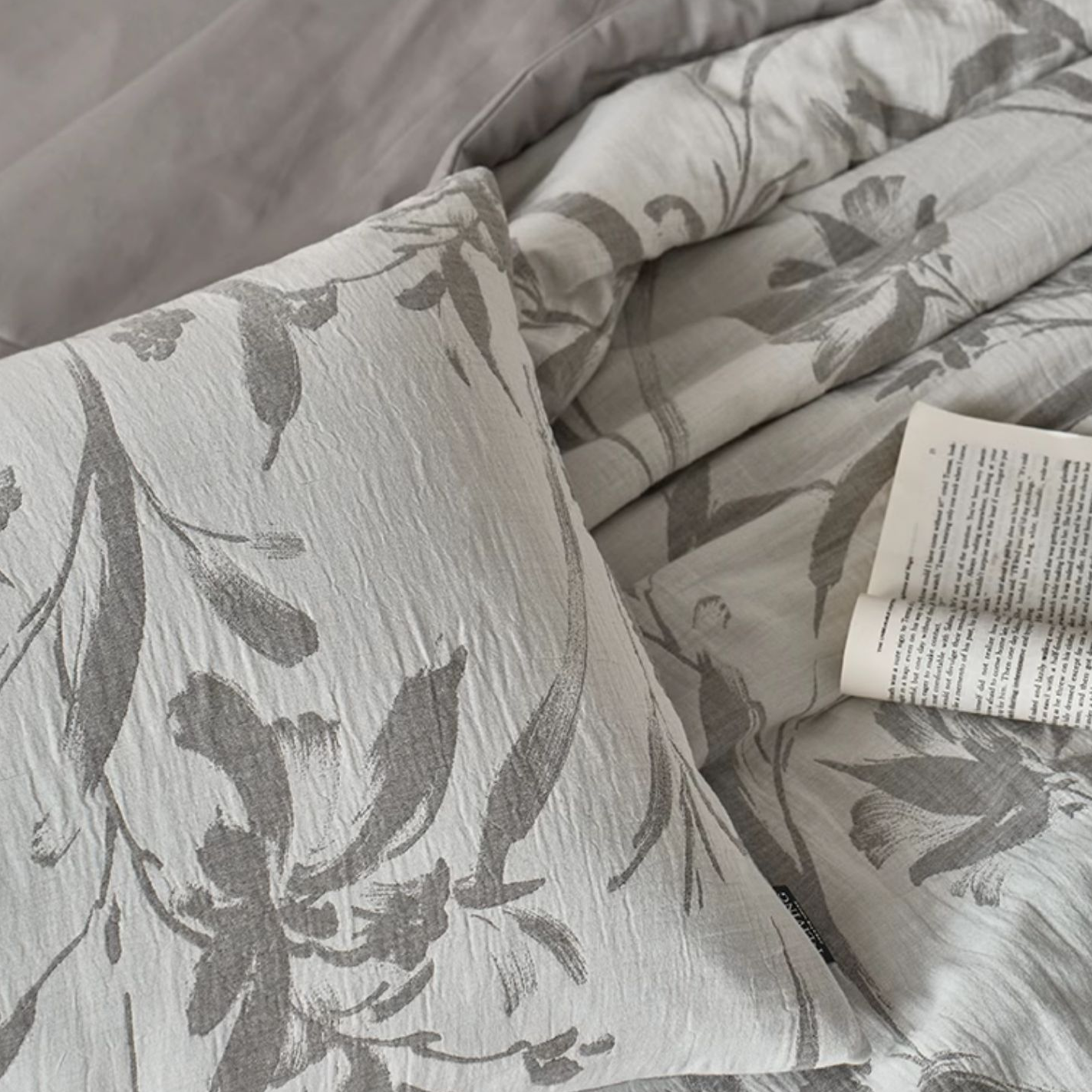 Linge de lit en gaze de coton double épaisseur avec motif de feuilles jacquard