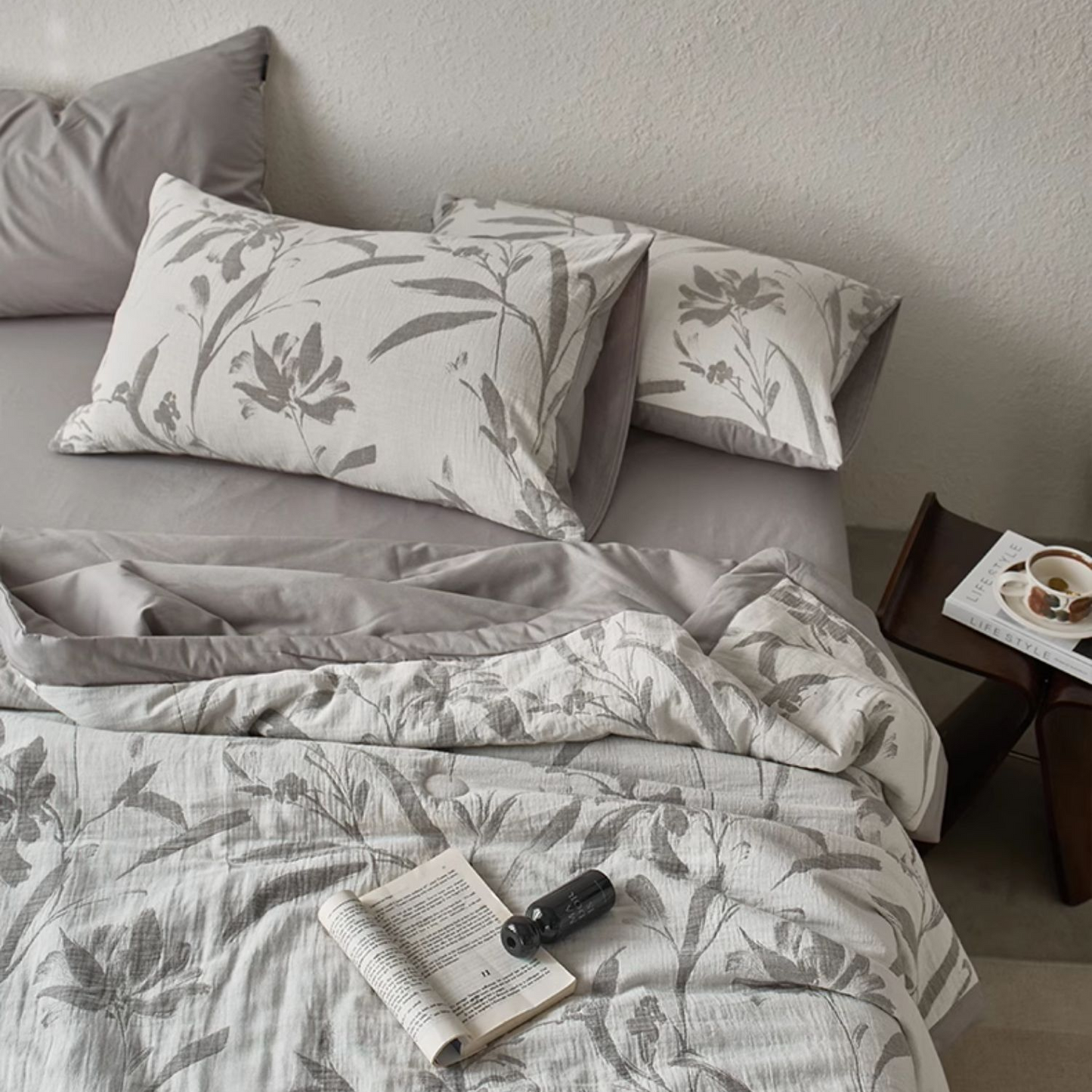 Linge de lit en gaze de coton double épaisseur avec motif de feuilles jacquard