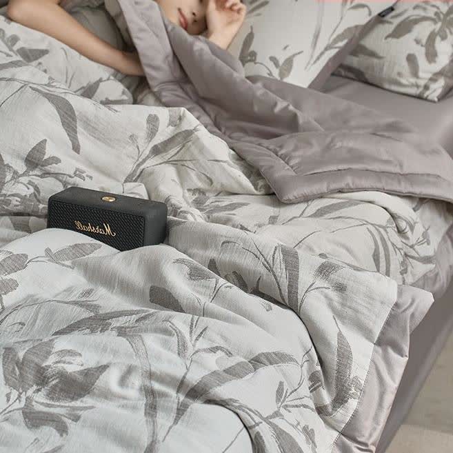 Linge de lit en gaze de coton double épaisseur avec motif de feuilles jacquard