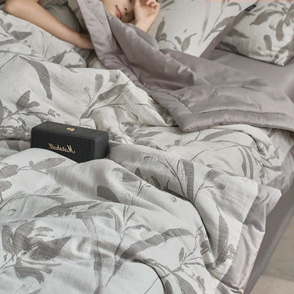 Linge de lit en gaze de coton double épaisseur avec motif de feuilles jacquard