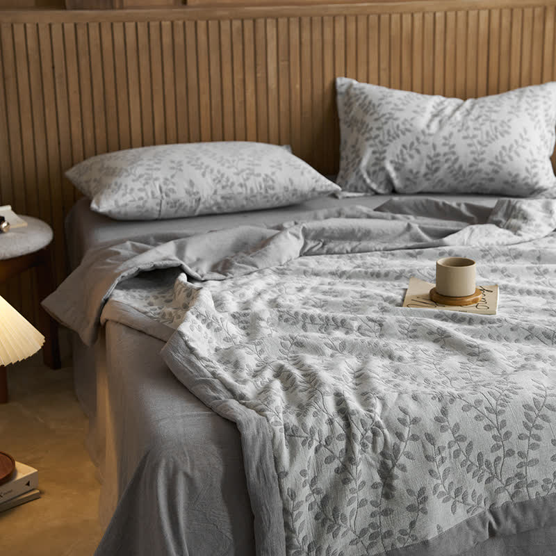 Linge de lit en gaze de coton à trois couches avec motif de feuilles jacquard