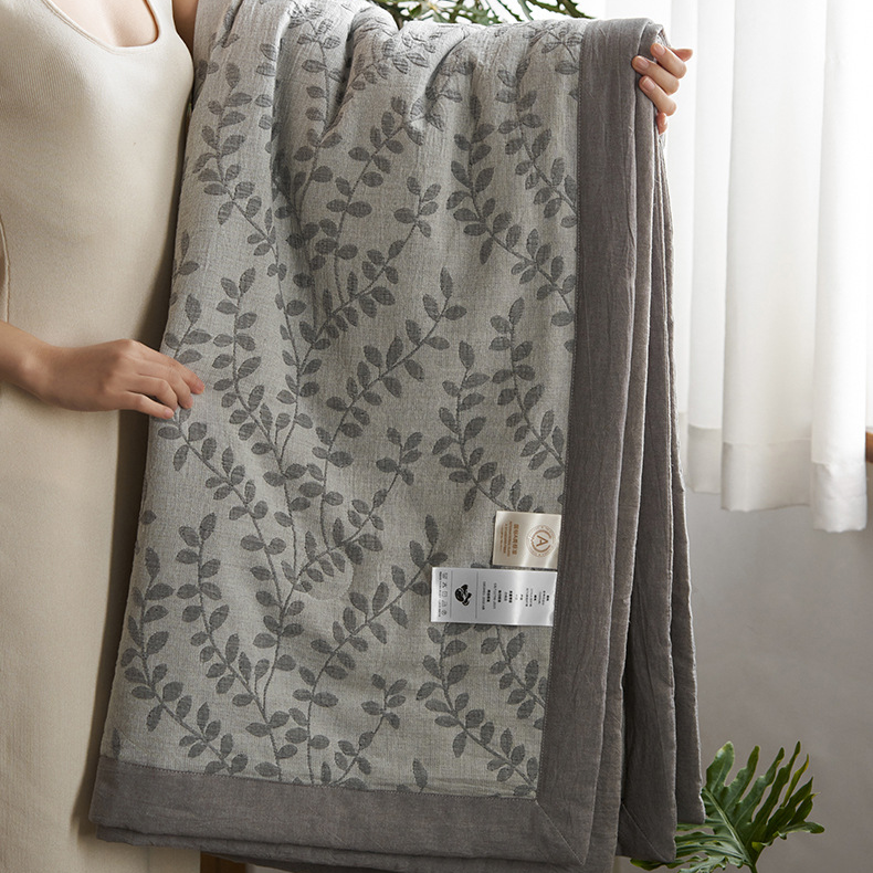 Linge de lit en gaze de coton à trois couches avec motif de feuilles jacquard