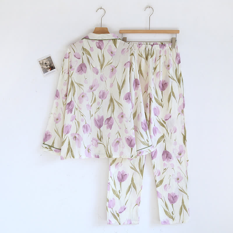 Ensemble pyjama en gaze de coton jacquard à motif tulipe et revers