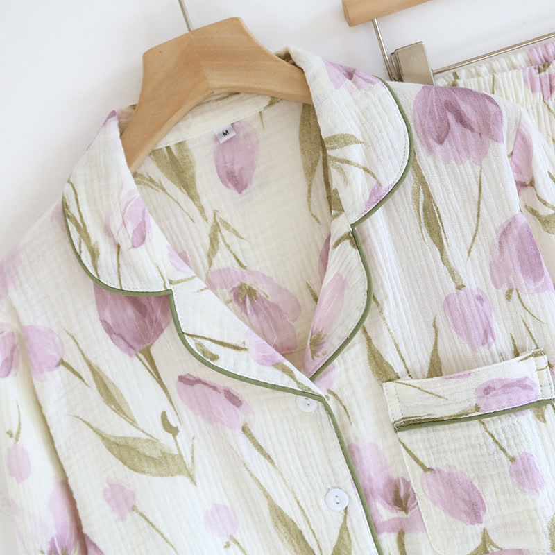 Ensemble pyjama en gaze de coton jacquard à motif tulipe et revers