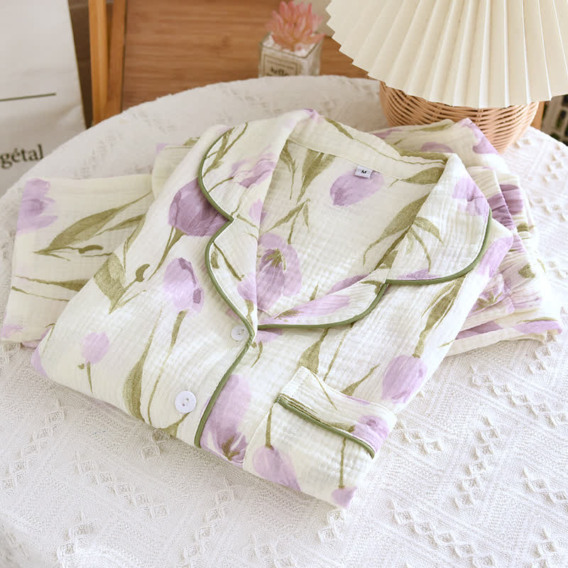 Ensemble pyjama en gaze de coton jacquard à motif tulipe et revers