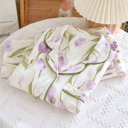 Ensemble pyjama en gaze de coton jacquard à motif tulipe et revers