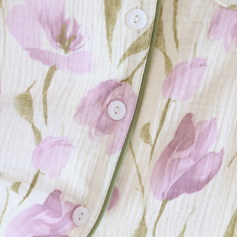 Ensemble pyjama en gaze de coton jacquard à motif tulipe et revers