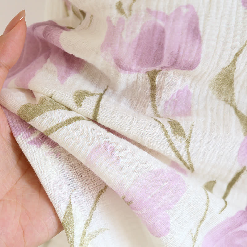Ensemble pyjama en gaze de coton jacquard à motif tulipe et revers