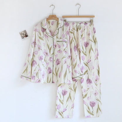 Ensemble pyjama en gaze de coton jacquard à motif tulipe et revers
