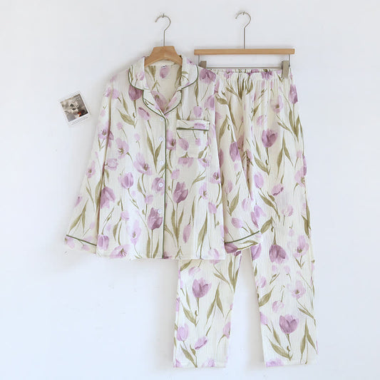 Ensemble pyjama en gaze de coton jacquard à motif tulipe et revers