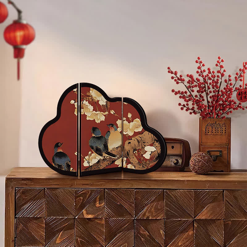 Paravent pliable en forme de nuage avec motif de fleurs et d'oiseaux