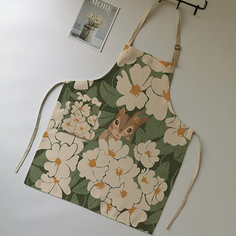 Tablier vintage en coton et lin avec motif marguerite
