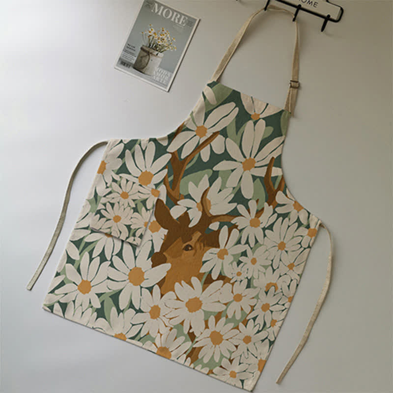 Tablier vintage en coton et lin avec motif marguerite