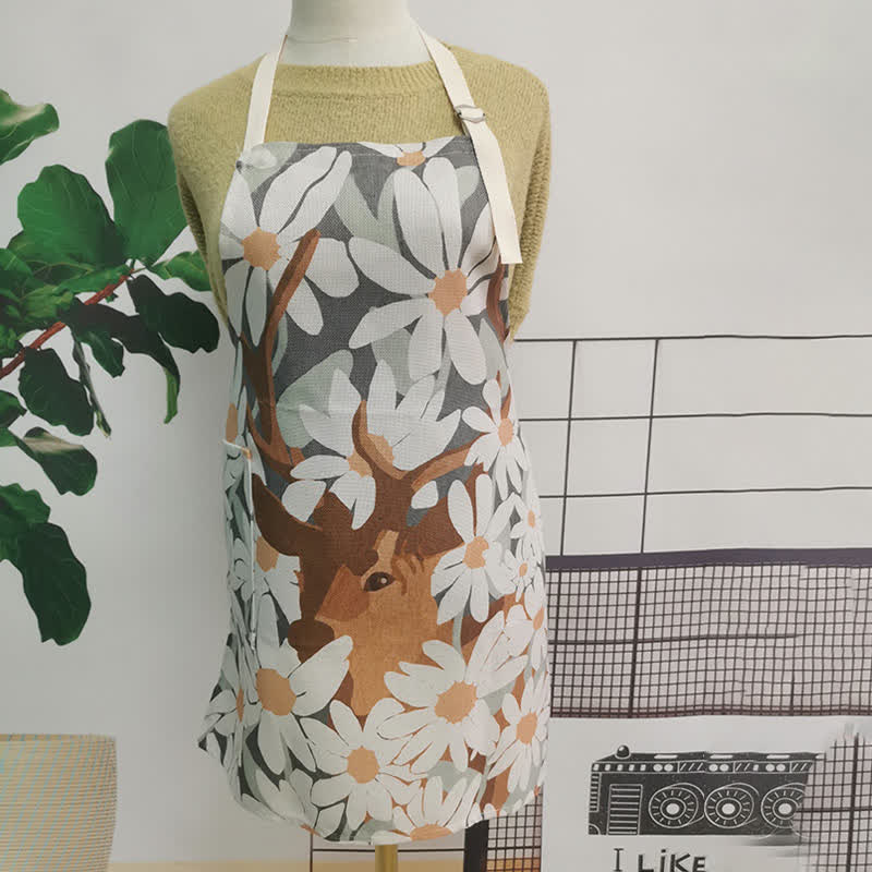 Tablier vintage en coton et lin avec motif marguerite