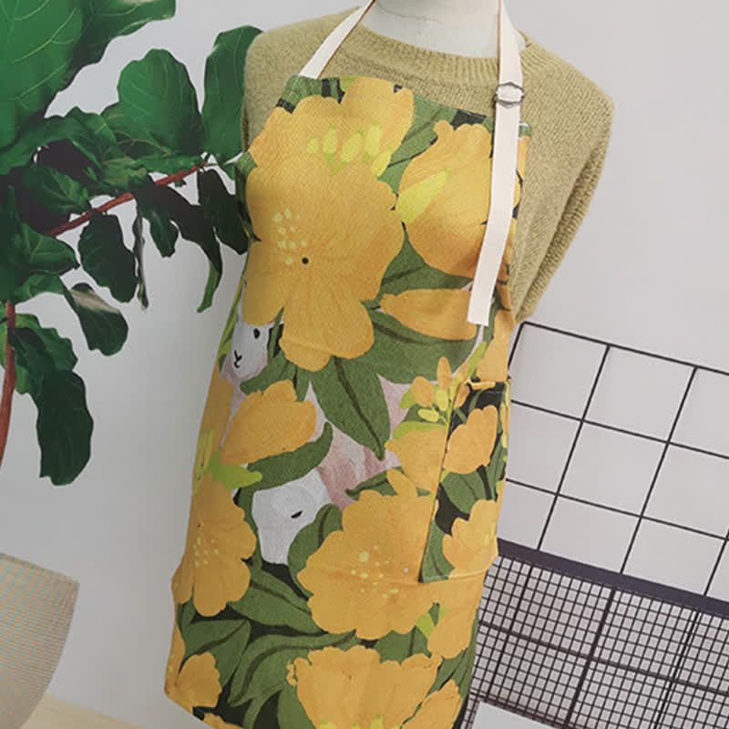 Tablier vintage en coton et lin avec motif marguerite