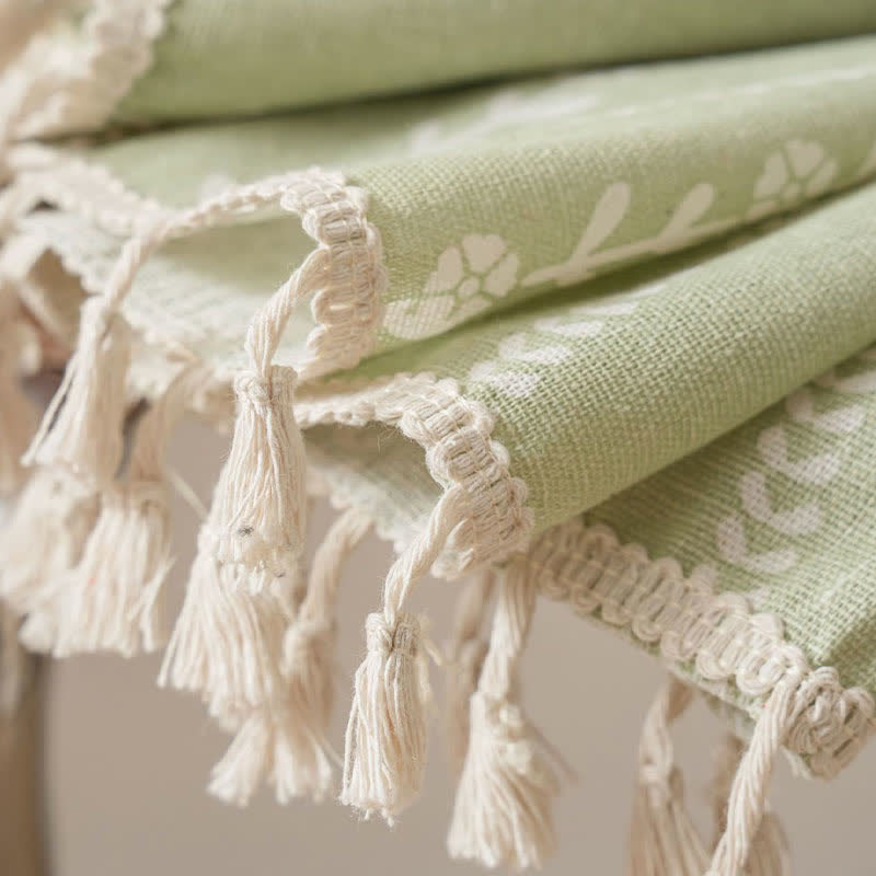 Rideau transparent rustique avec motif floral et feuilles et pompons incurvés