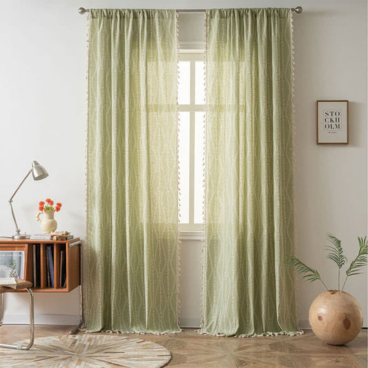 Rideau transparent rustique avec motif floral et feuilles et pompons incurvés